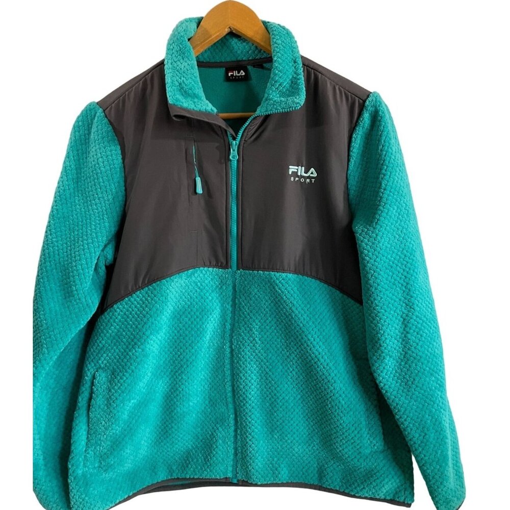Fila Sport Womens Fleece Jacket‎ L Turquoise & Gray Polyester Faux Fur Coat Zip
